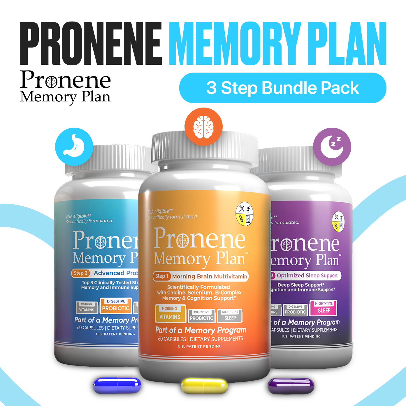 Pronene 3-Bottle Pack (60ct each): Morning Brain Multivitamin, Advanced Probiotic, Deep Sleep Support
