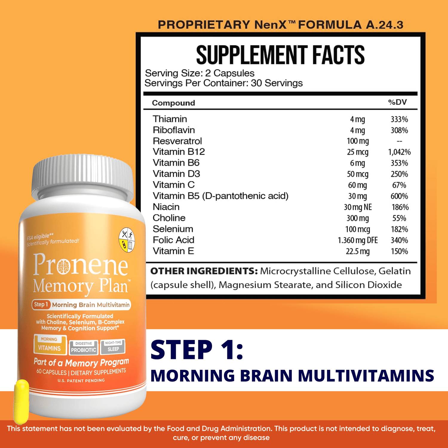 (60 ct) Morning Brain Multivitamin | with Choline, Selenium, Folic Acid, D, & B vitamins | Optimized nutrients for brain and memory support